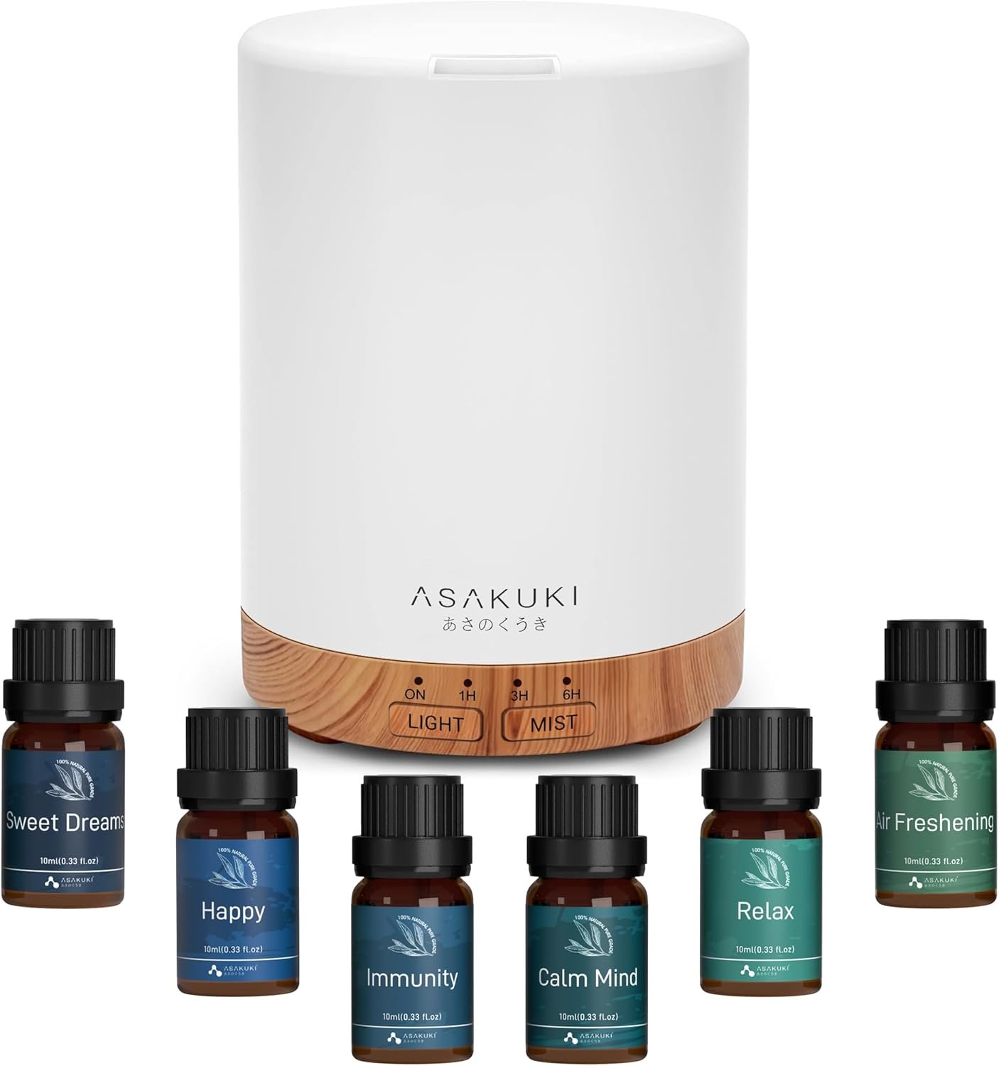 ASAKUKI Essential Oil Diffuser, Aromatherapy Cool Mist Home Humidifier with 7 LED Color Changing Light and Auto-Off Safety Switch, 6 Essential Oils Set, 300ml (Brown with Oils)